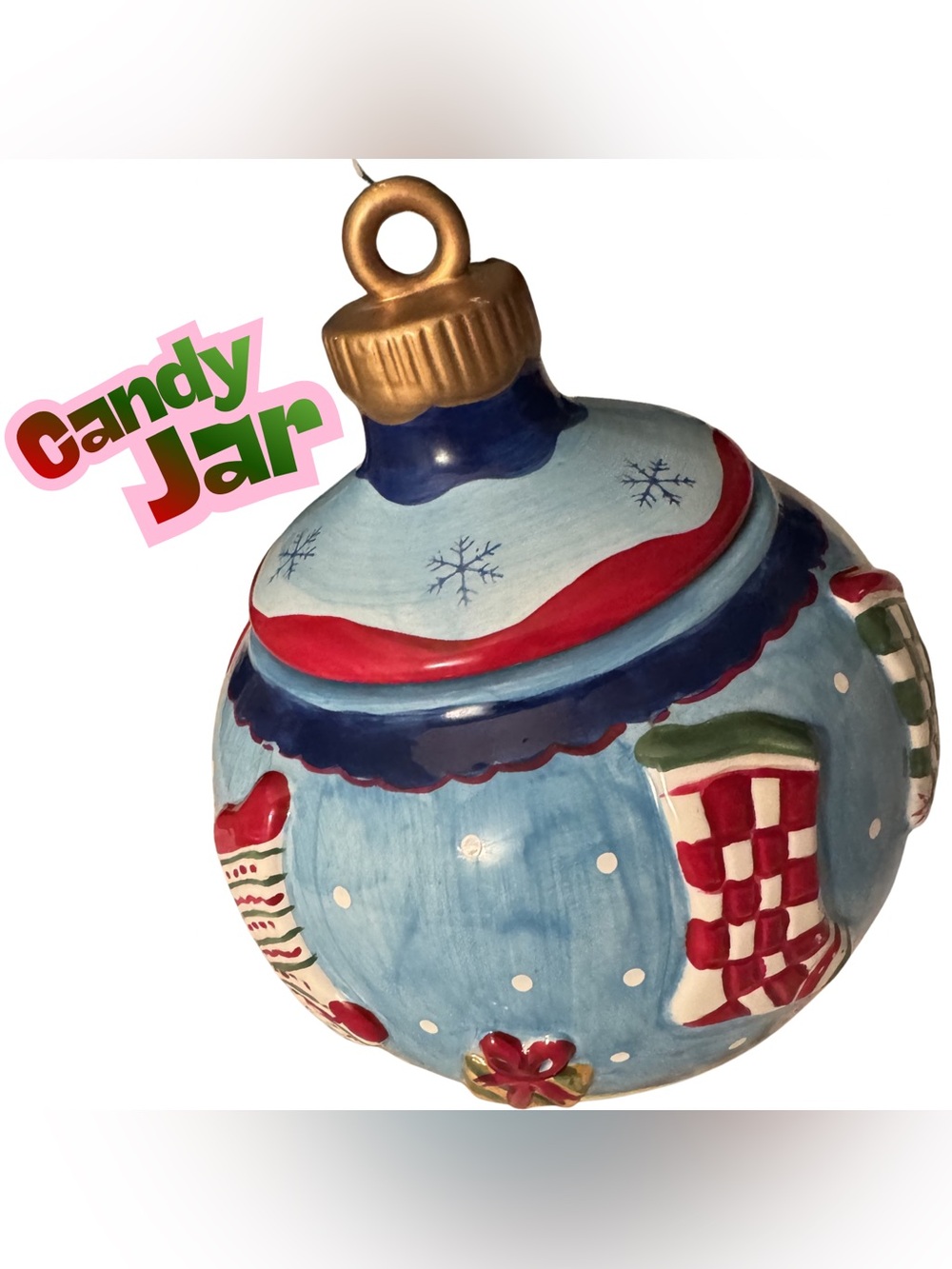 Vintage-Style‎ Christmas Ceramic Candy Jar Holiday Stockings Gifts Snowflakes